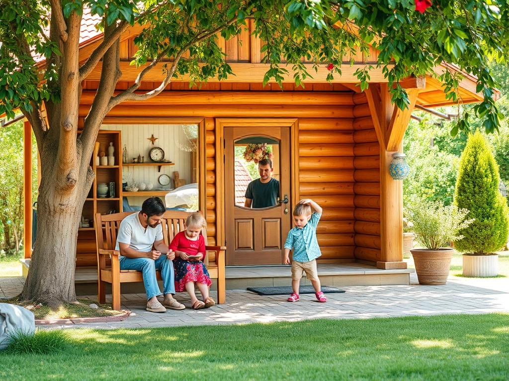 Семья наслаждается временем на улице у деревянного дома с цветами и зелеными деревьями.