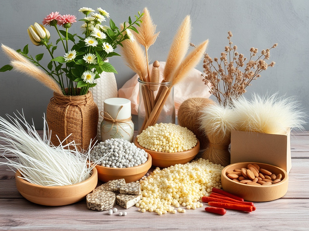 На изображении композиция из различных натуральных материалов, декоративных растений и семян в контейнерах.