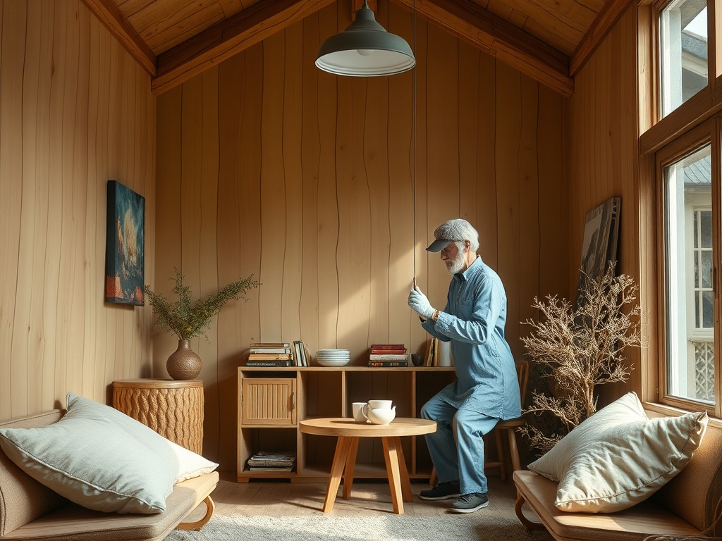 Пожилой человек в синем костюме ухаживает за растением в светлой комнате с деревянными стенами.