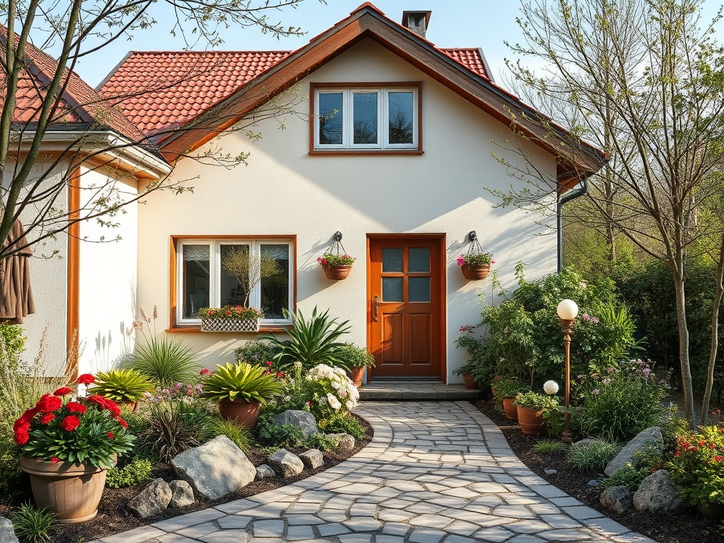 Красивый дом с цветами и пешеходной дорожкой. Яркие растения вокруг создают уютную атмосферу.