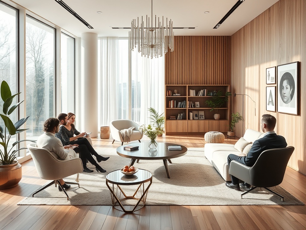 Современный интерьер с четырьмя людьми, сидящими на креслах и диване, обсуждающими что-то в светлом помещении.