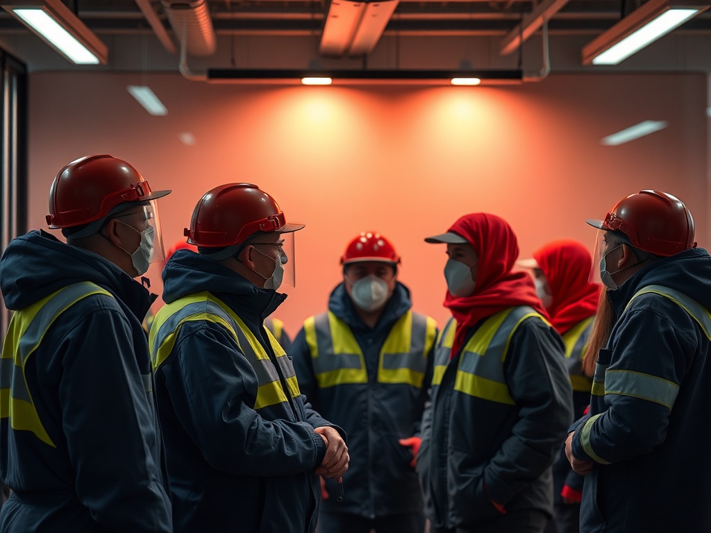 Группа работников в защитных шлемах и масках, обсуждающих свои задачи в помещении с красным светом.