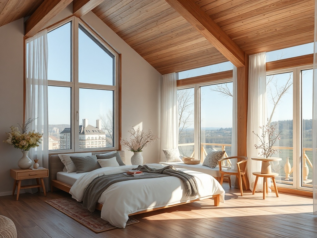 Светлая спальня с большими окнами, деревянными элементами и уютной атмосферой у озера.