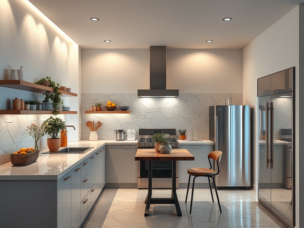 Современная кухня с деревянным столом, стульем, стиральной машиной и холодильником, ярким освещением.