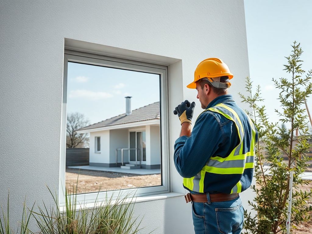 Строитель в каске и жилете смотрит в окно на строящийся дом и делает заметки. Рядом зелень.