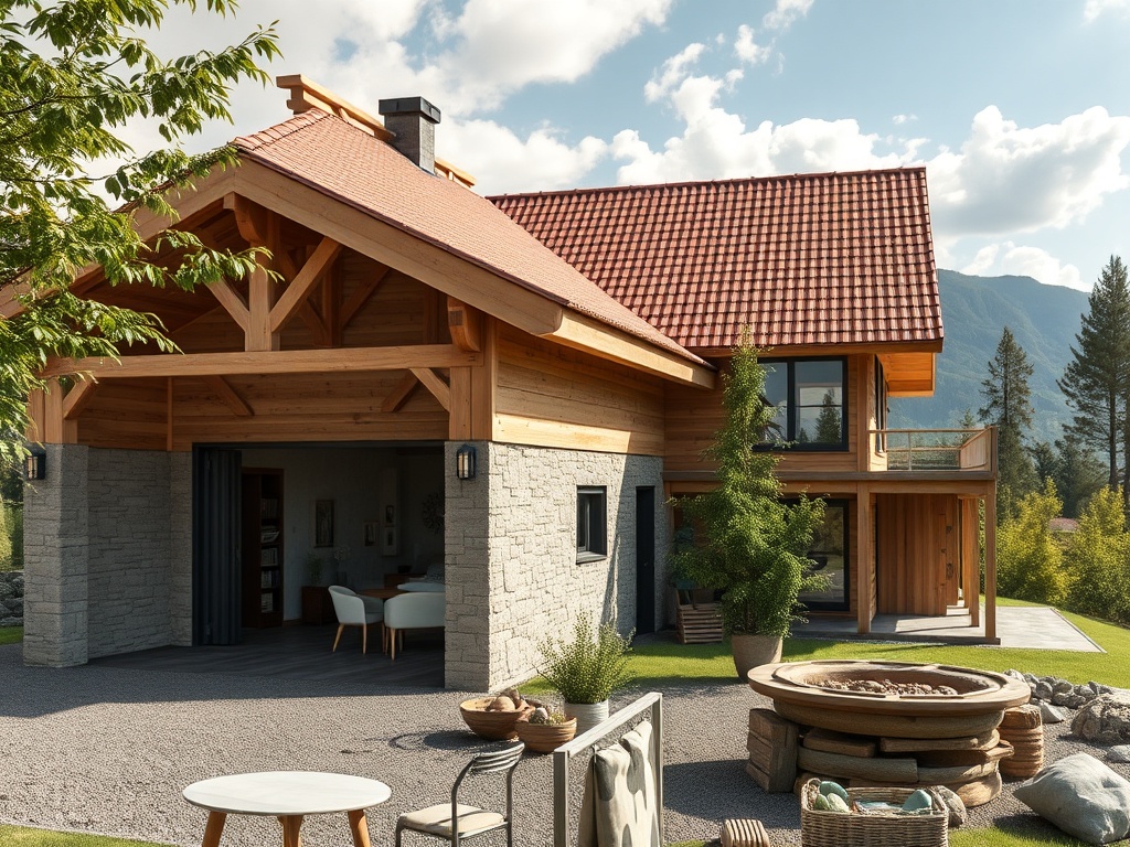 Современный загородный дом с деревянными элементами, верандой и зоной для отдыха на природе.
