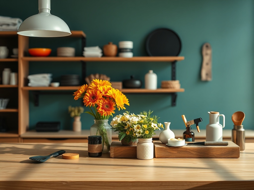 Кухня с деревянным столом и цветами: подсолнухи и белые цветы на фоне зелёной стены и полок с посудой.