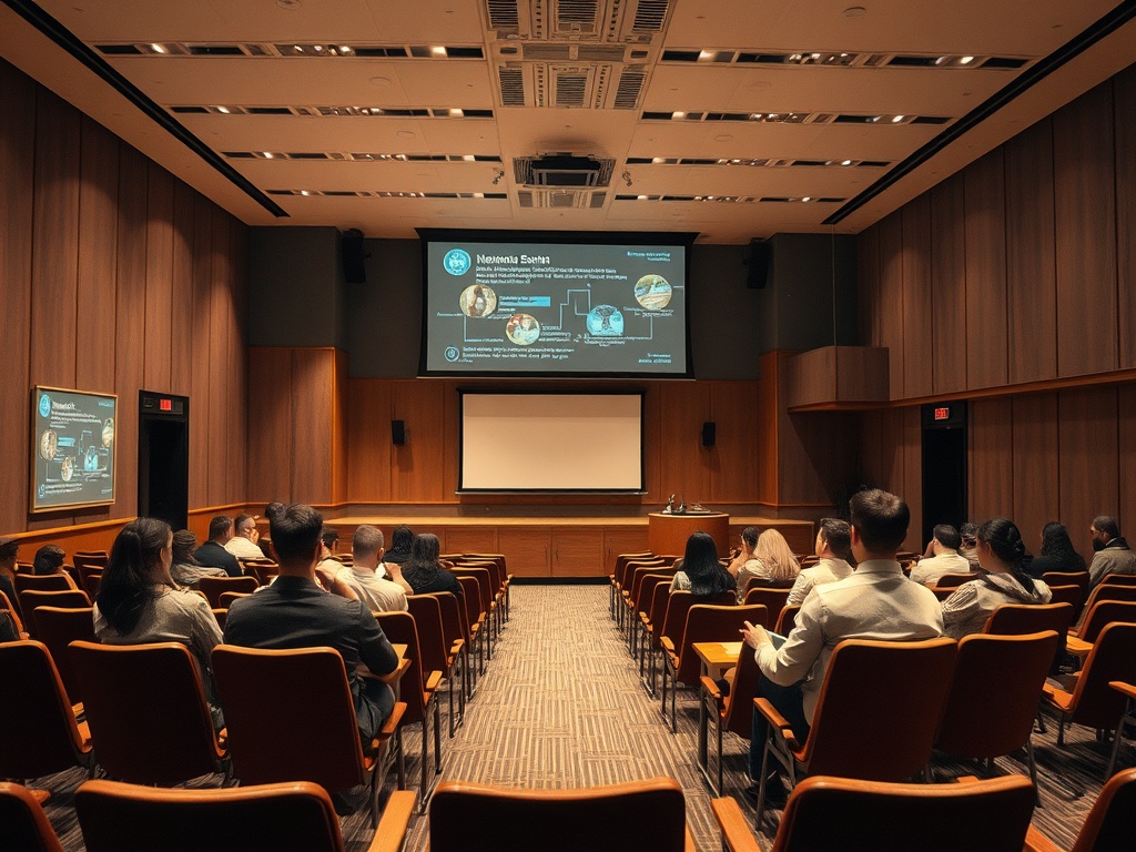 Аудитория с участниками на конференции, на экране отображается информация о мероприятии.