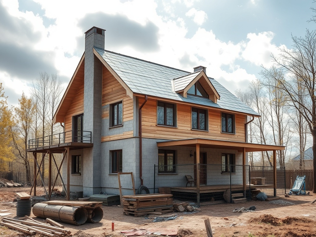 Деревянный дом в процессе строительства, окружённый природой и строительными материалами.