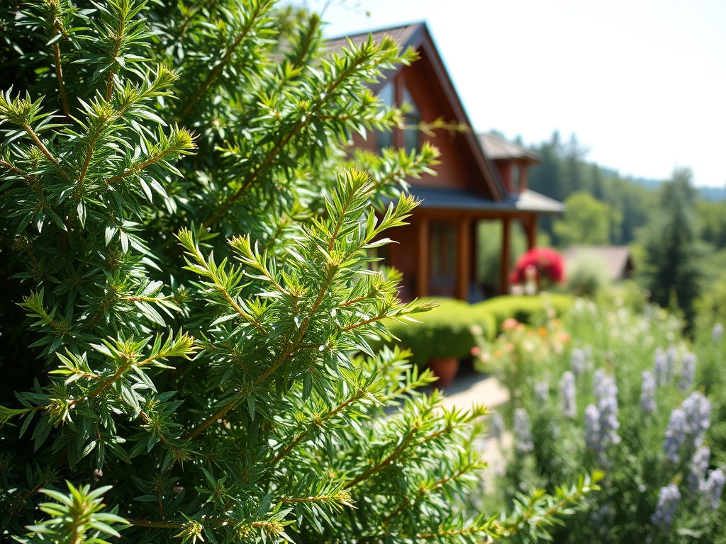 Зеленые кустарники на переднем плане с домом и цветами на фоне теплого солнечного дня.