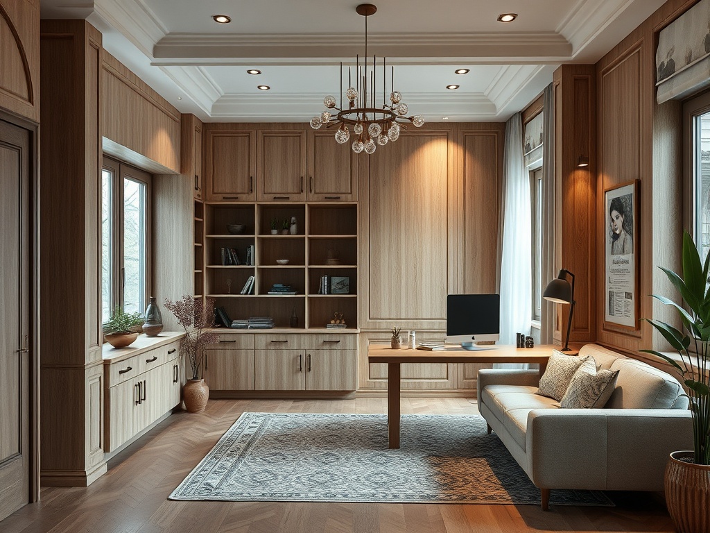 Современный офис с деревянной отделкой, столом, диваном и полками с книгами. Уютная и светлая атмосфера.