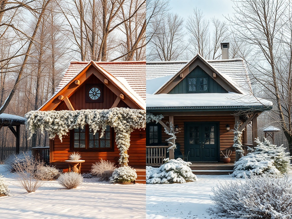 Два зимних дома в лесу, покрытых снегом, с красивыми деталями и окружающими деревьями.
