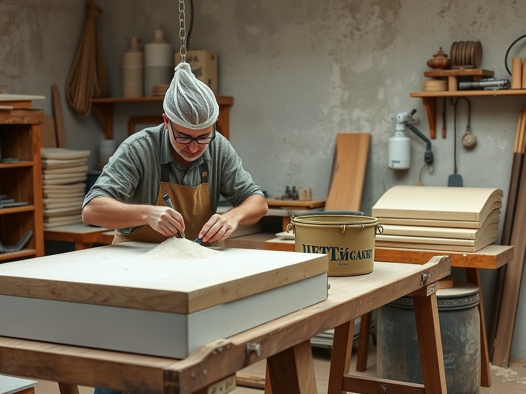 Мастер работает с материалами в деревянной мастерской, создавая уникальные изделия.