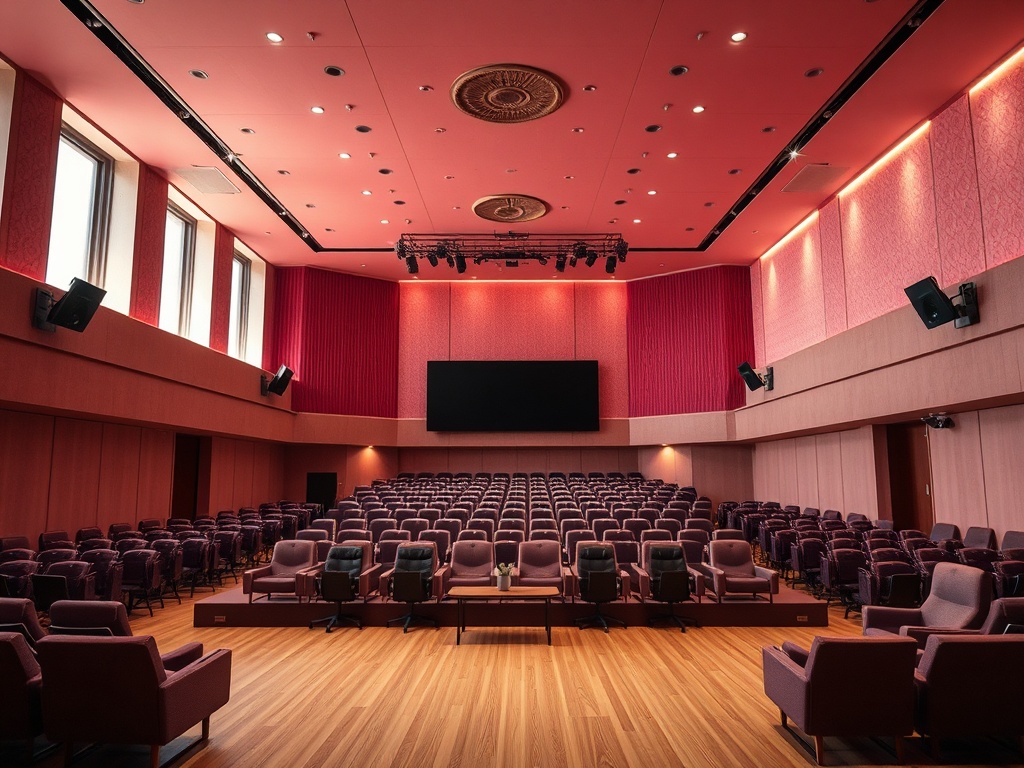 Аудитория с красными стенами и большими рядами сидений, готовая к мероприятию или презентации.