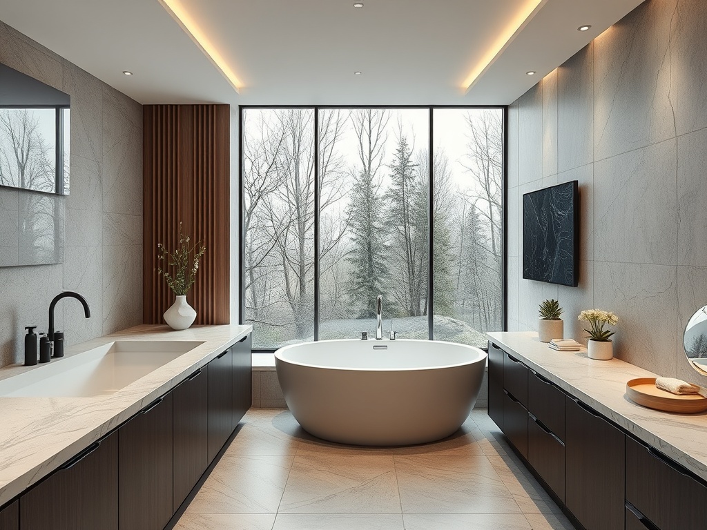Современная ванная комната с окном, ванной, раковиной и стильной мебелью, окружённая деревьями за окном.