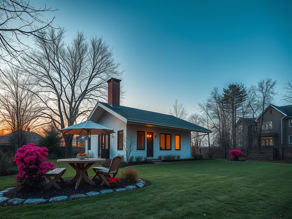 Дом с террасой в саду, окружённый деревьями и цветами, на фоне вечернего неба.