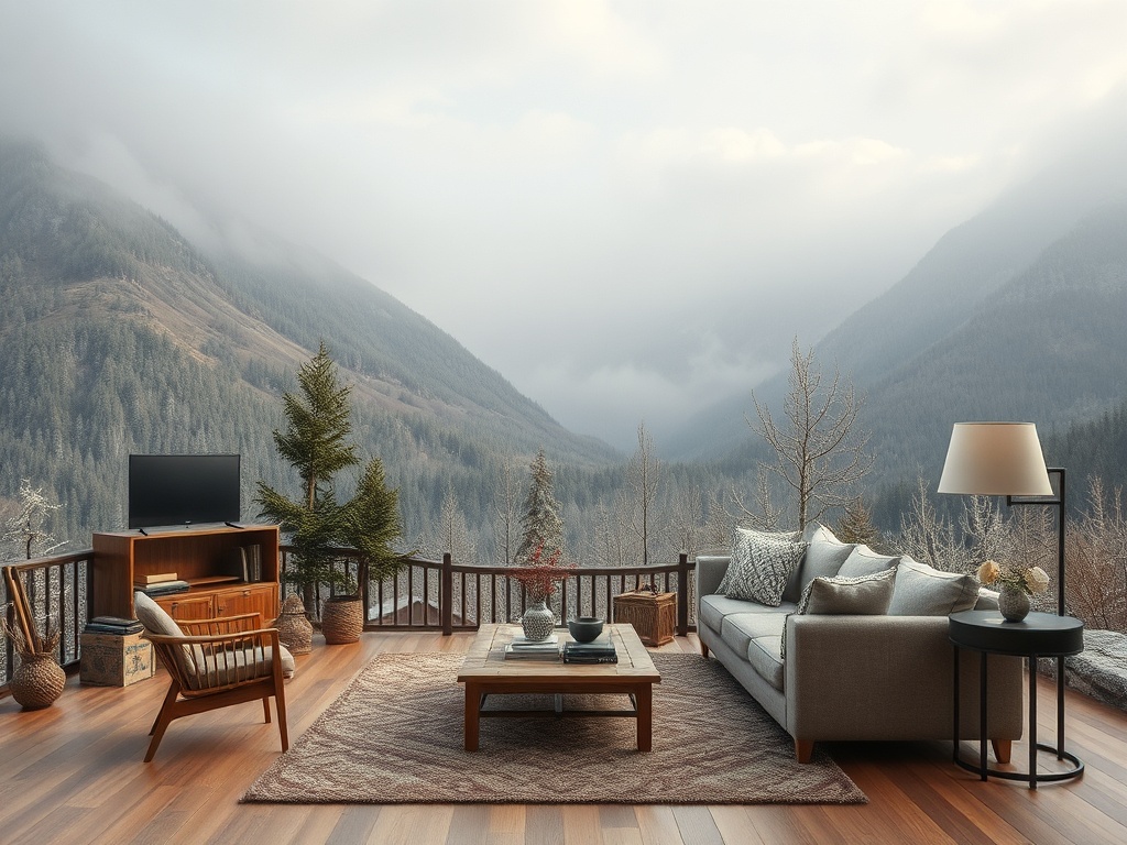 Уютная гостиная с видом на горы, мебель из дерева, камин, телевизор и мягкий свет лампы.