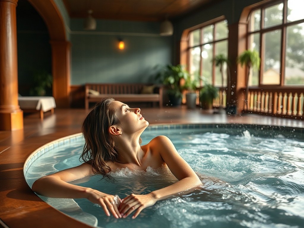 Женщина расслабляется в бассейне с пузырьками в уютном спа с большими окнами и зеленью.
