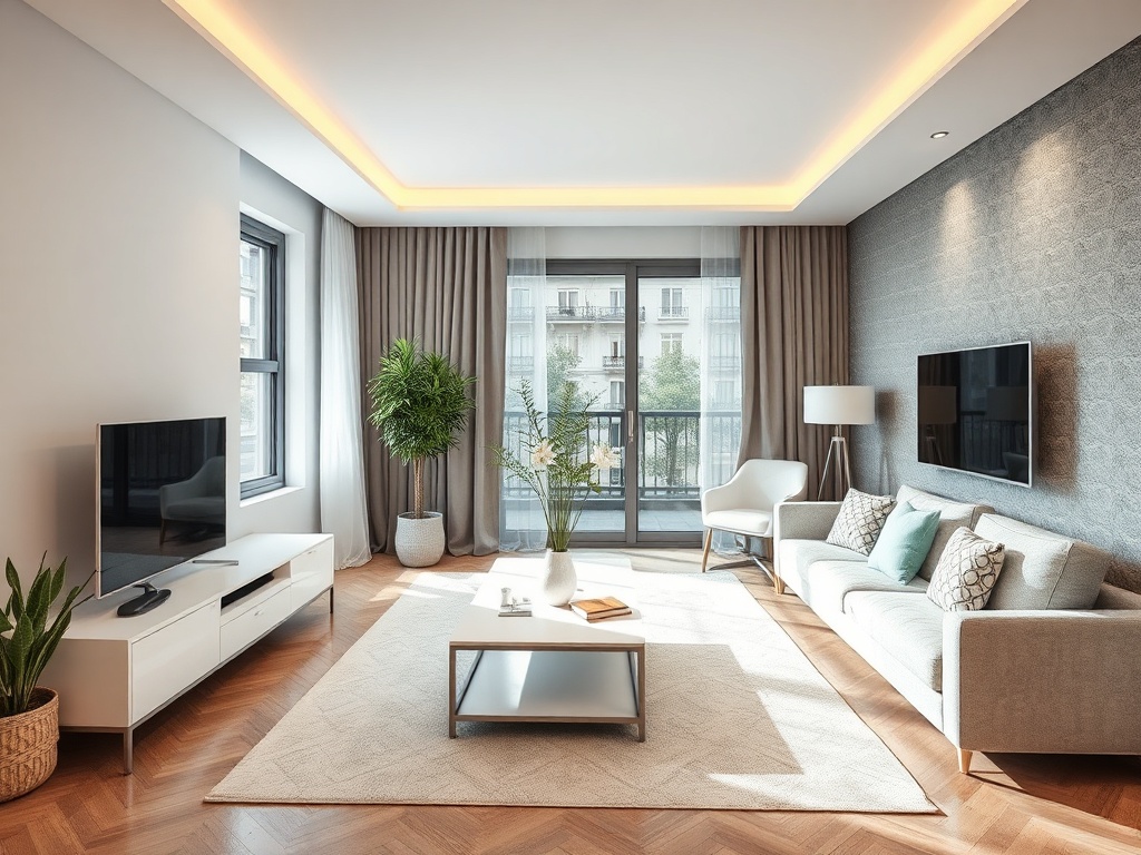 Современная гостиная с большим окном, уютной мебелью и декоративными растениями. Светлая и просторная обстановка.