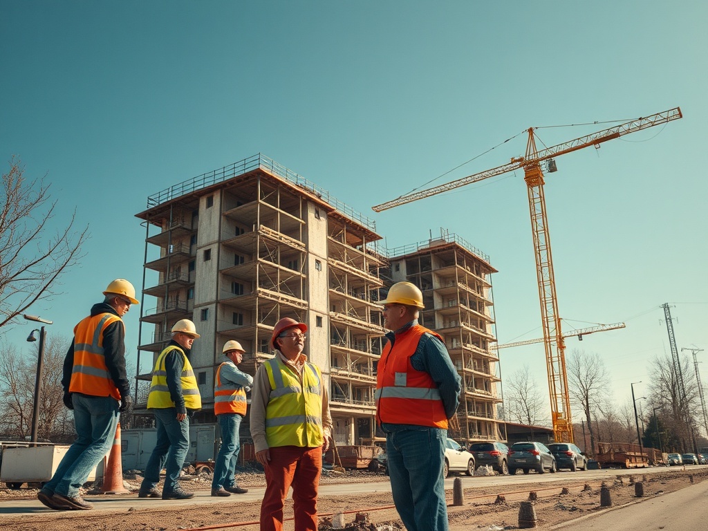 Группа строителей обсуждают проект на строительной площадке, на фоне крана и многоквартирного дома.