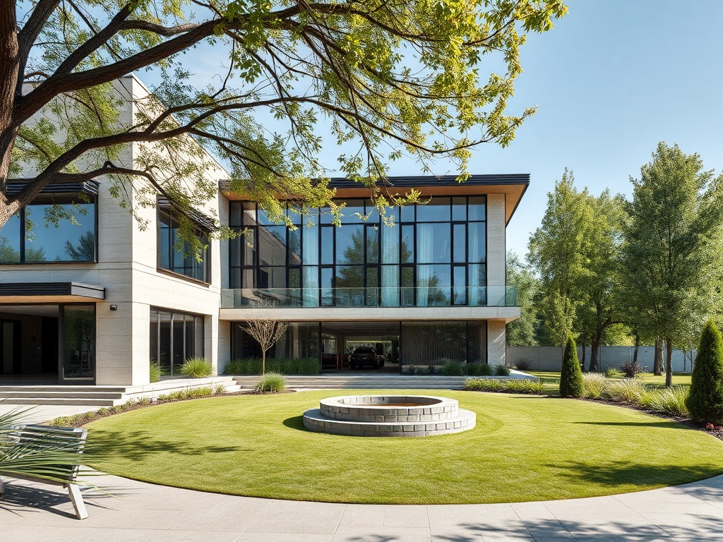 Современный дом с большими окнами, окружающий красивый сад и уютный участок с круглым каменным очагом.