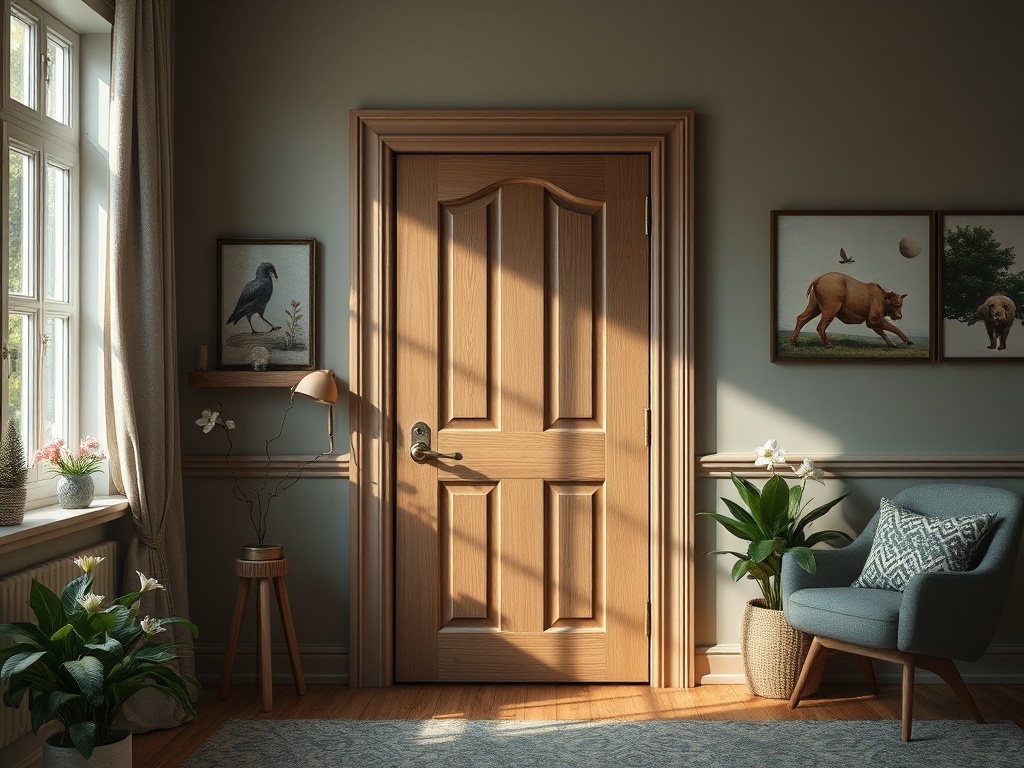 Уютная комната с деревянной дверью, растениями и картинами на стенах, солнечный свет наполняет пространство.