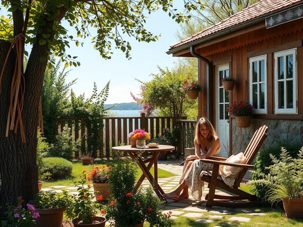 Женщина сидит на террасе у дома, окруженного зелеными растениями и цветами, с видом на воду.