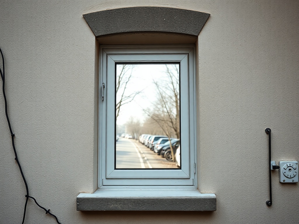 Окно с белой рамой, открывающее вид на улицу с припаркованными автомобилями и голыми деревьями.