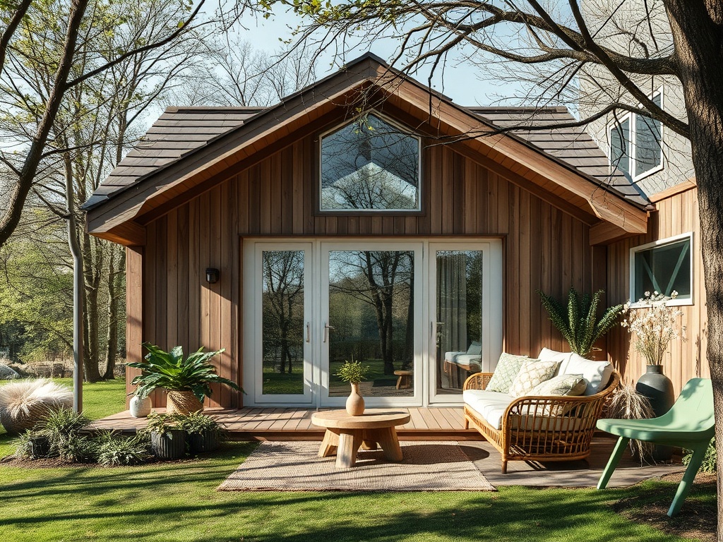 Современный деревянный дом с уютной веранды, окруженной зеленью и стильной мебелью.