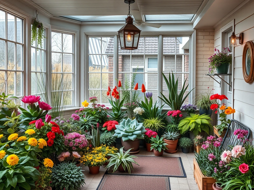 Уютный зимний сад, наполненный яркими цветами и зелеными растениями, светлое и теплое пространство.