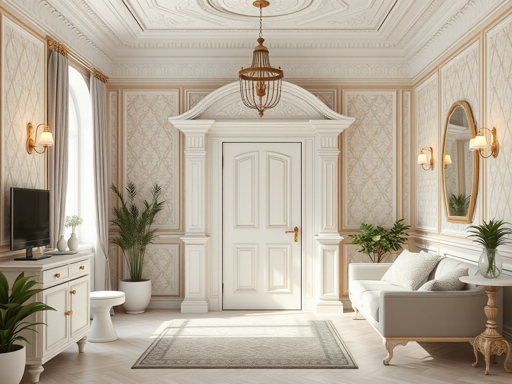 Элегантный интерьер с белыми стенами, мягкой мебелью и зелеными растениями. Яркое освещение и декоративные элементы.