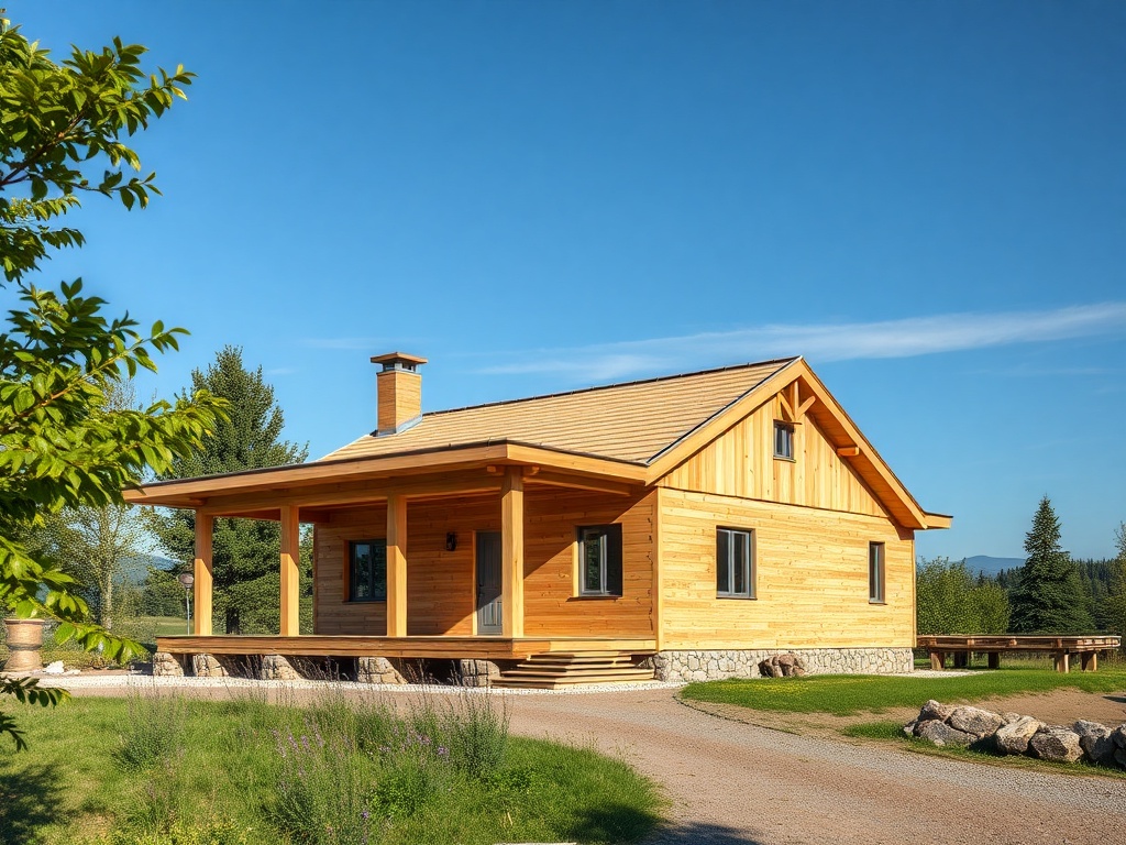 Деревянный дом с крышей и террасой на фоне зелёного ландшафта и ясного синего неба.