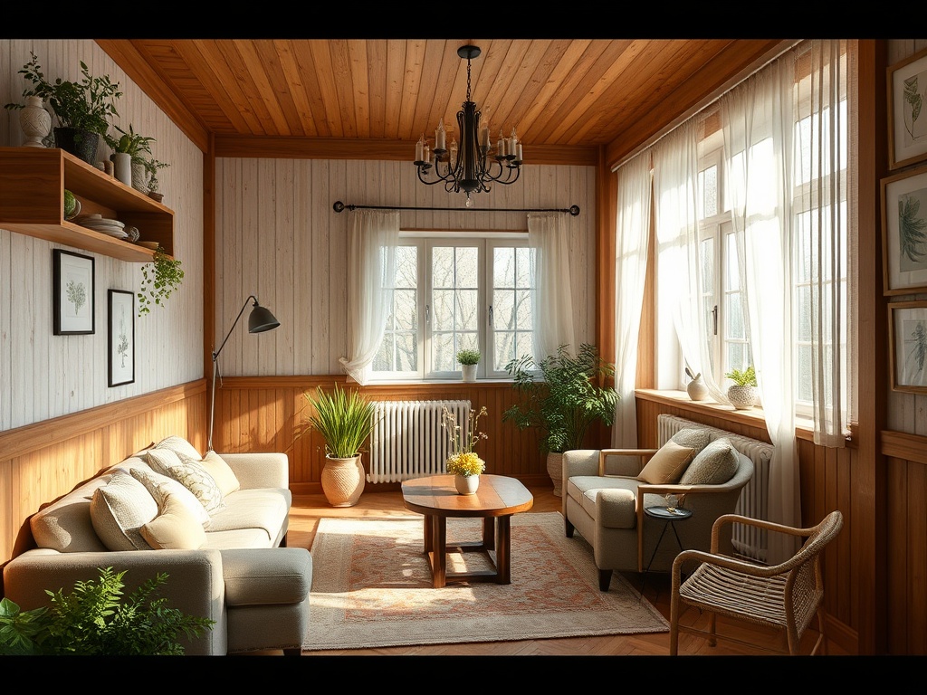 Уютная гостиная с деревянными стенами, зелеными растениями и мягкой мебелью, освещенная солнечным светом.