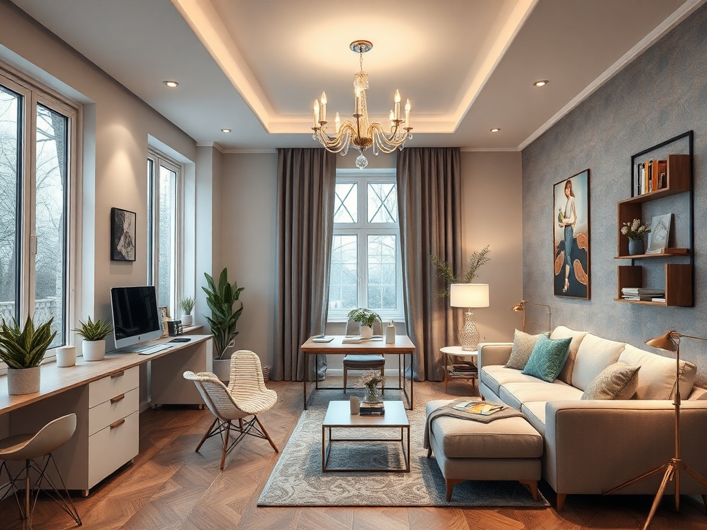 Современная гостиная с уютной мебелью, светом и растениями, создающая атмосферу комфорта и уюта.