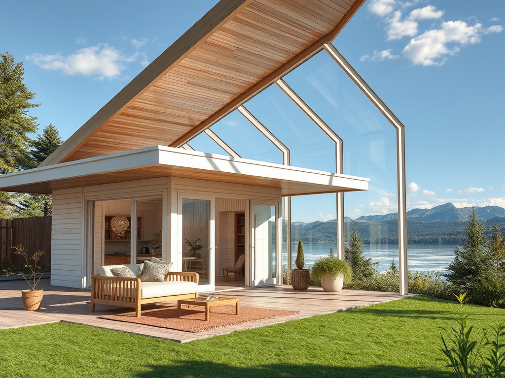 Современный дом с большими окнами, деревянной крышей и зеленым двором, окруженный природой и озером.
