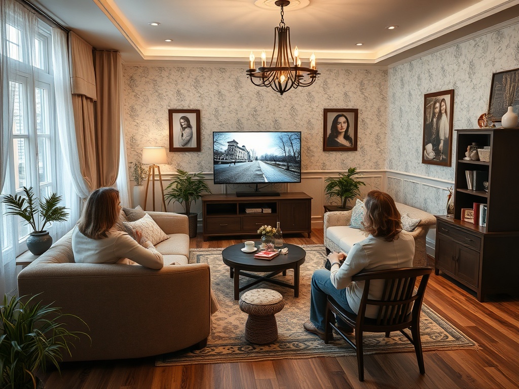 Две женщины сидят в уютной комнате и смотрят телевизор, украшенном растениями и картинами.