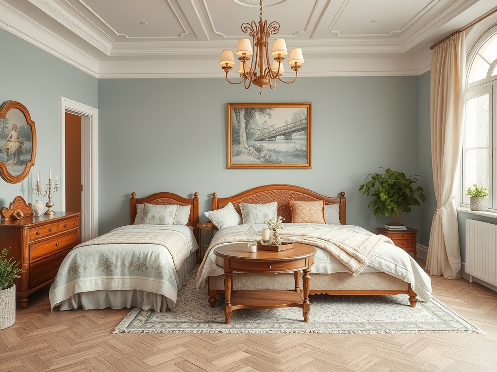 Современная спальня с двумя кроватями, светлым интерьером и красивым освещением. Уют и комфорт.