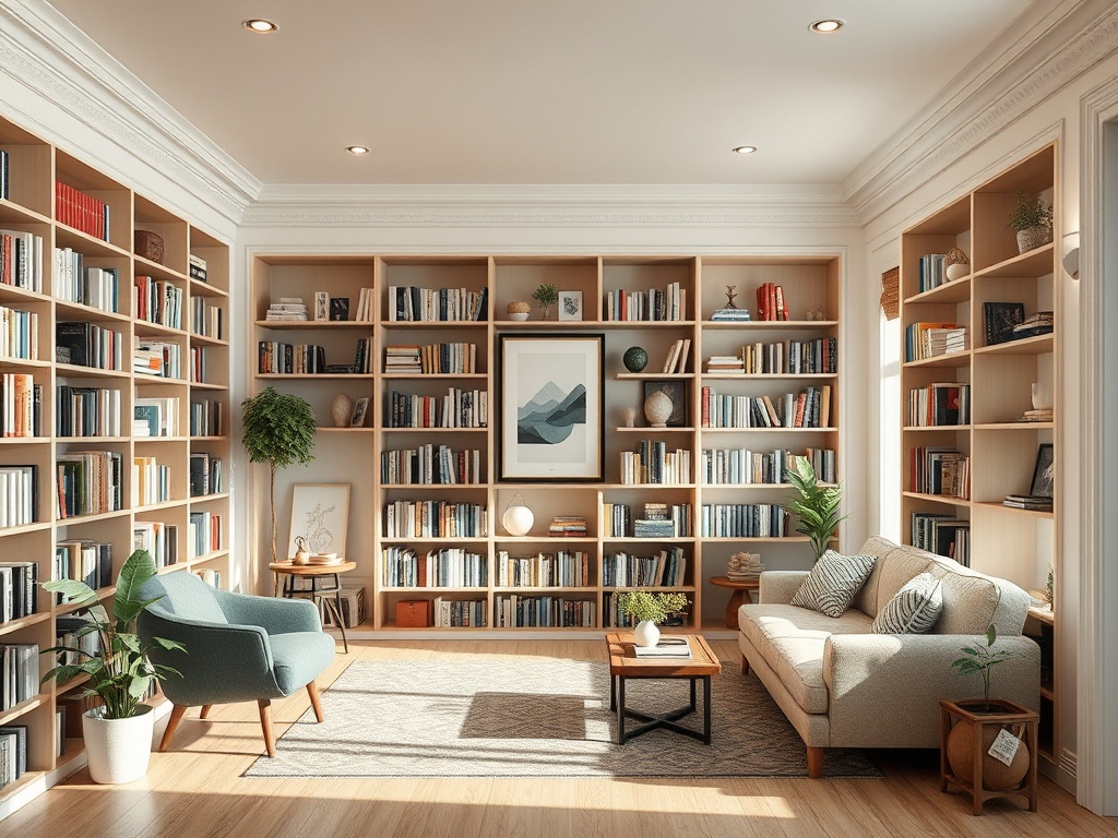 Уютная библиотека с книжными полками, современным диваном и креслом в светлом интерьере.