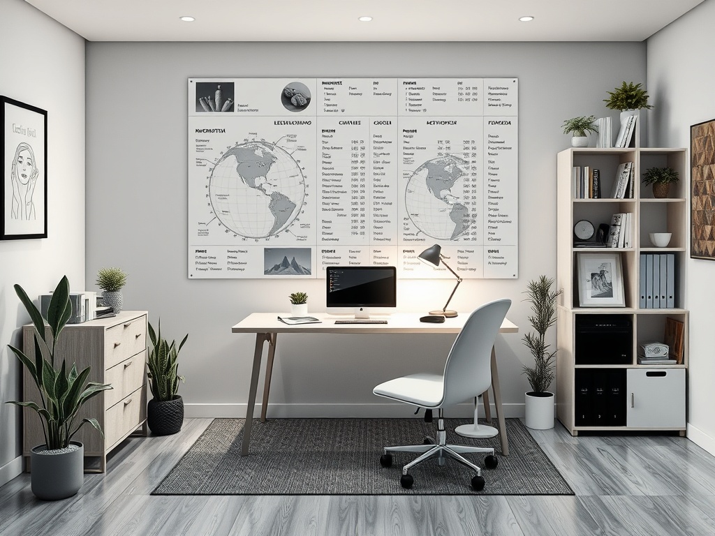 Современный офис с рабочим местом, растениями и информационными плакатами на стене. Стильный и уютный интерьер.