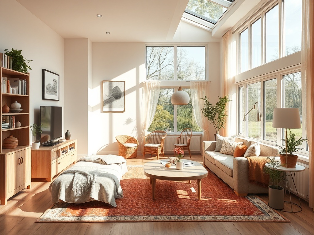 Светлая гостиная с большими окнами, уютной мебелью и зелеными растениями в стильном интерьере.