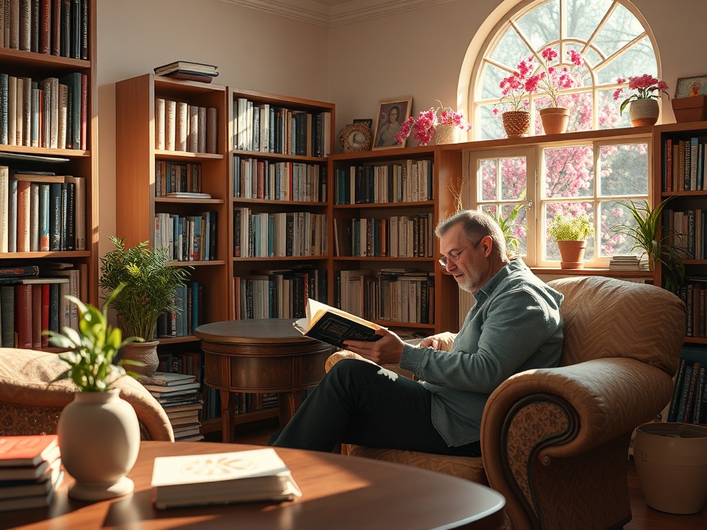 Человек читает книгу в уютной библиотеке с ярким окном и цветами на подоконнике.