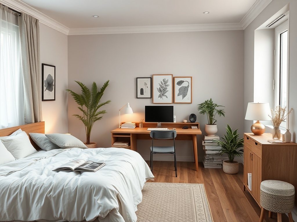 Современная уютная спальня с рабочим местом, растениями и декором из фотографий.