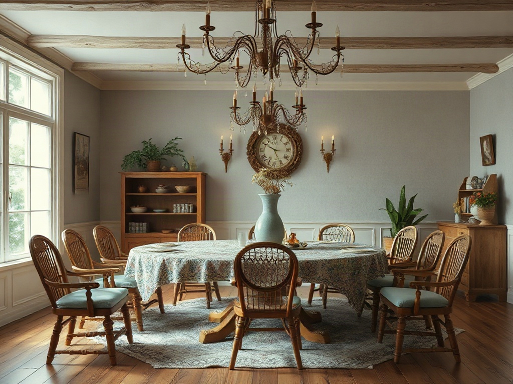 Светлое и уютное dining room с деревянным столом, стульями и красивой люстрой на потолке.